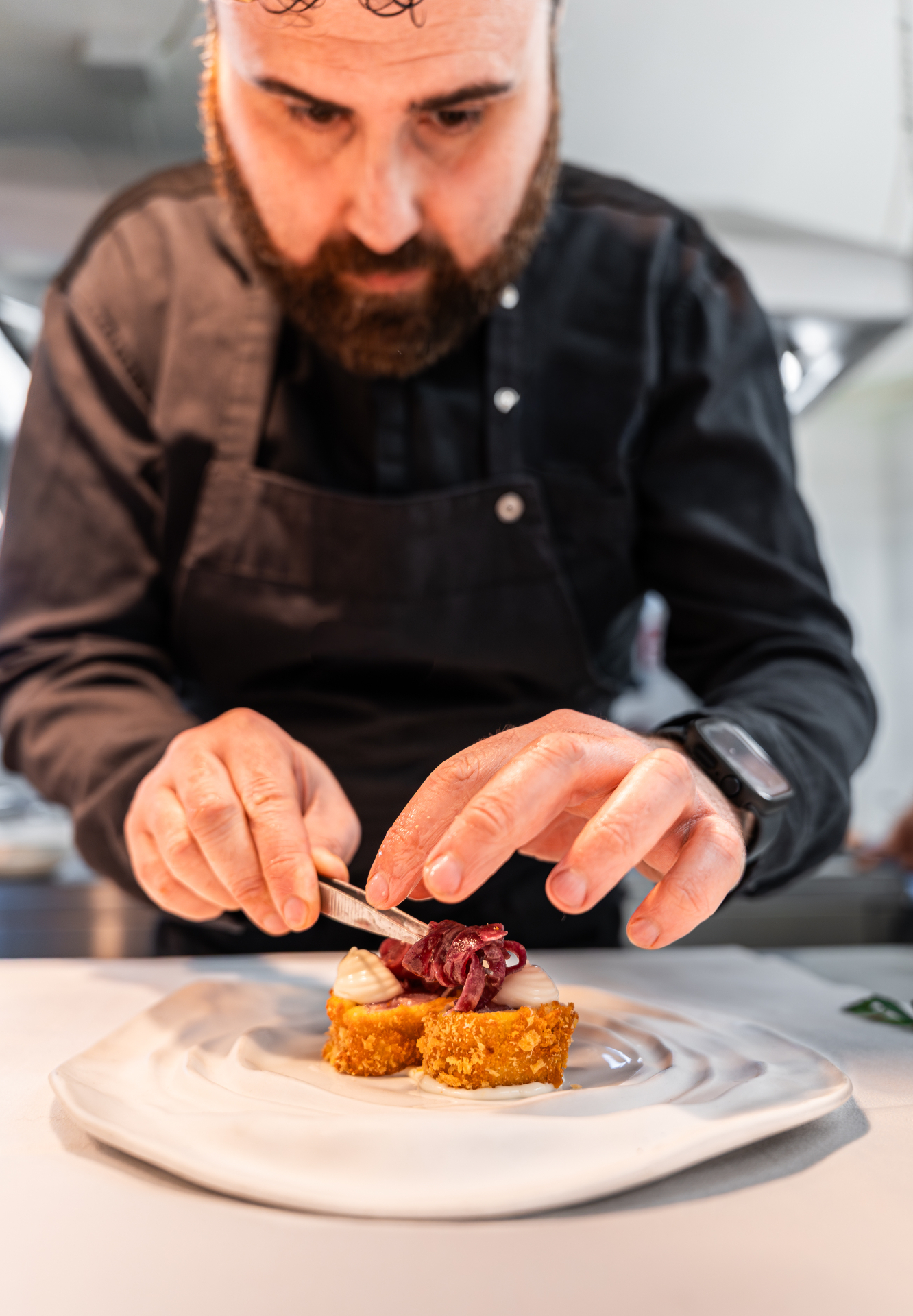 Chef impiatta con pinzette piatto gourmet — servizio fotografico ristorante Cremona